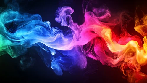 Neon smoke streams merge across deep black background.