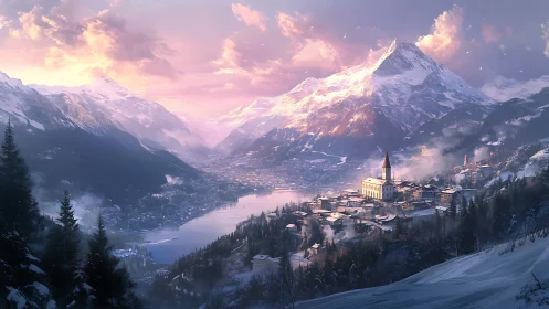 Snowlit alpine town over tranquil lake at sunrise.