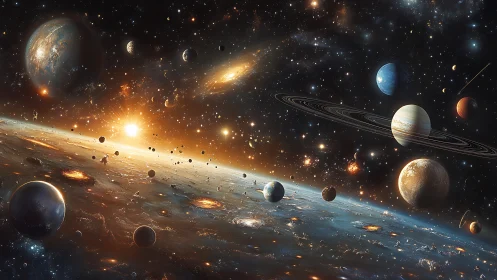 Stellar worlds drift in a glowing galaxy of endless wonder