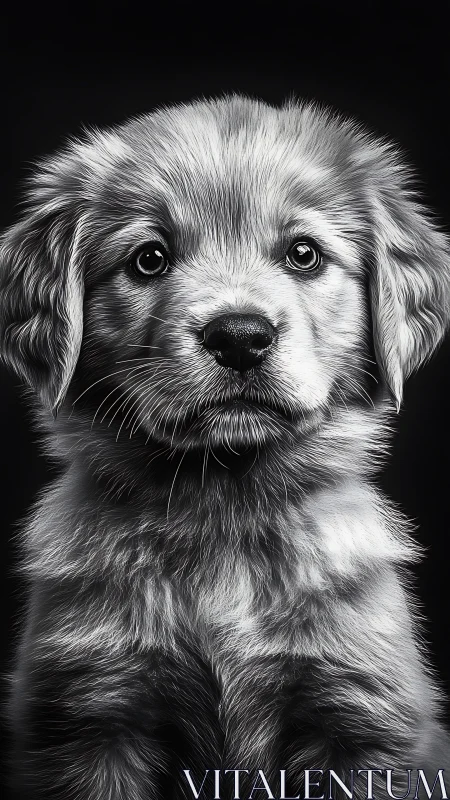 Monochrome puppy portrait in high contrast photorealism.