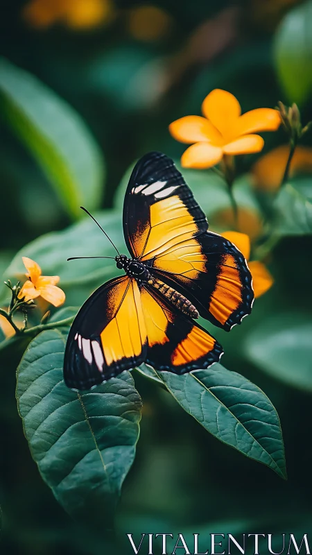 Vibrant orange butterfly rests gently on lush garden leaves
