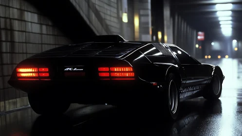 Retro sports car glows in moody, rain-slick city tunnel.