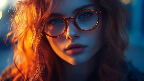 Close portrait shows red haired subject with round eyeglasses