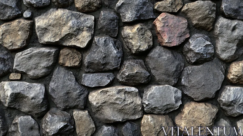 Weathered irregular stone wall texture in gray tones.