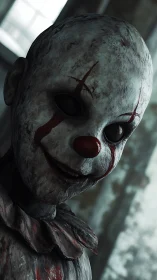 Decrepit clown doll close-up with cracked mask and smeared blood