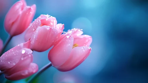 Pink Tulips Kissed by Morning Dew.