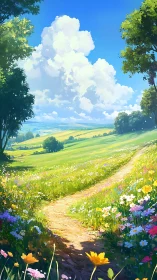 Sunlit country path through wildflower meadow under cumulus sky