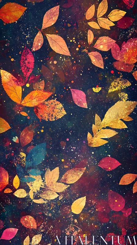 Scattered autumn leaves over deep cosmic nightfall canvas.