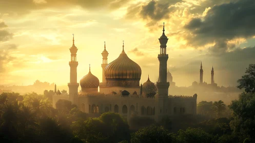 Golden domed mosque glows through misty jungle sunrise