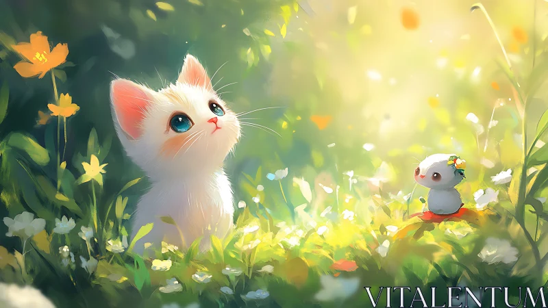 A Curious White Cat Explores a Sunlit Flower Garden