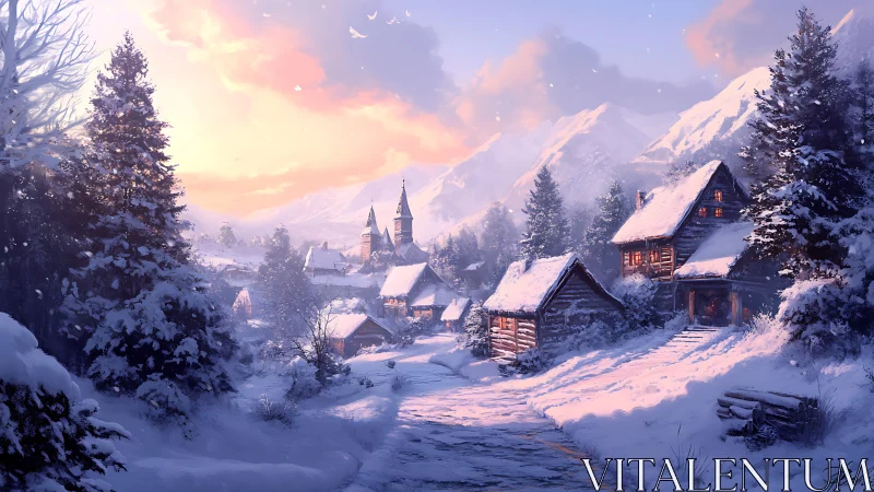 Cozy snowlit village tucked beneath glowing winter peaks.