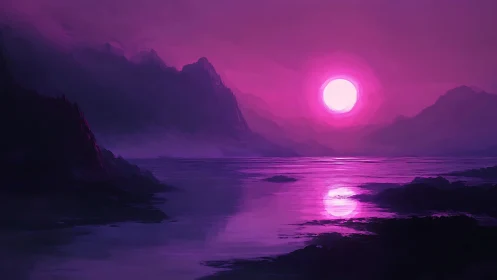 Violet mountains cradle a neon sun over glassy dreamwater