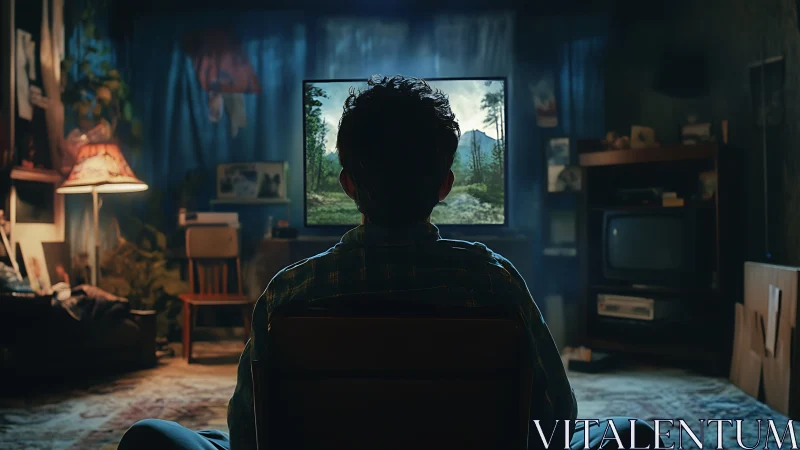 Solitary viewer watches glowing TV in dim retro room.