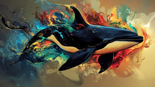 Orca rendered in dynamic swirling multicolored digital paint