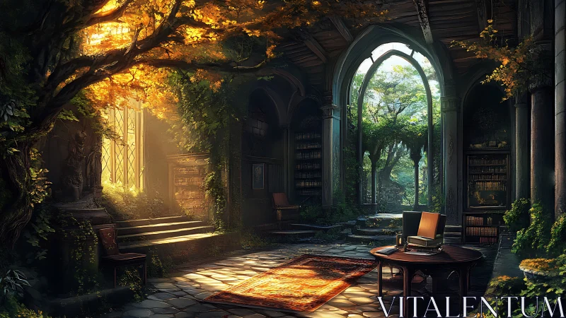 Sunlit forest library invites quiet reading and wonder