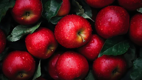 Fresh red apples rest among dark leaves under soft light
