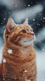 Orange Tabby Cat in Winter Snow: Upward Gaze Portraiture.