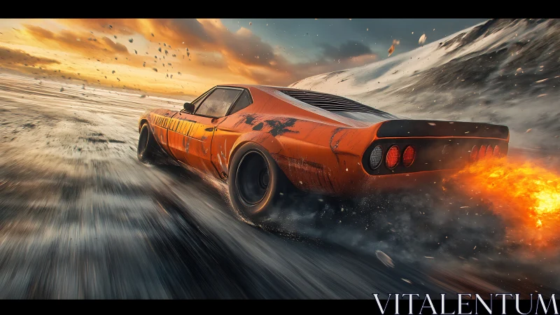 Orange muscle car on wet road with rear flame exhaust trail.