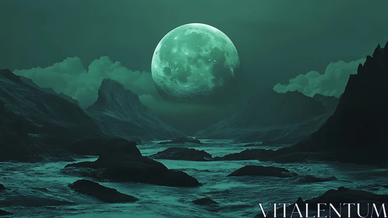 Tidal exoplanet seascape under oversized teal moonrise