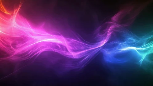 Flowing neon light waves across dark abstract background.