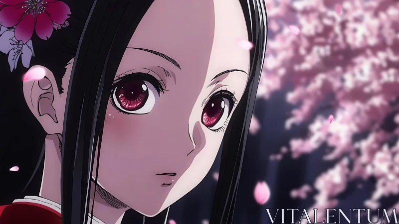 Anime girl gazes softly amid drifting cherry blossoms at dusk