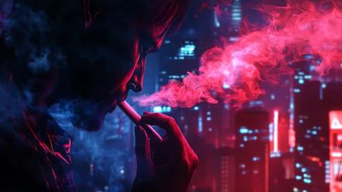 Neon city vaper exhales luminous smoke into the night
