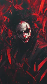 Sinister clown portrait in crimson abstract foliage storm.