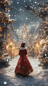 Figure in red coat stands on illuminated snowy street at night