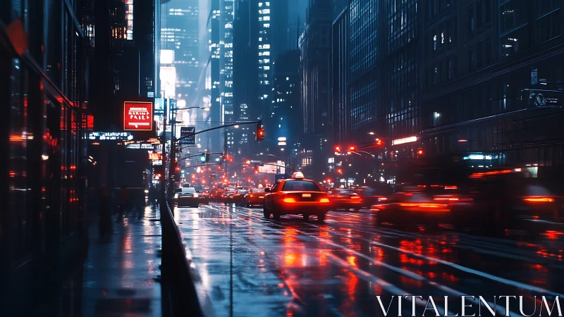 Neon-soaked city avenue with cinematic rainy night traffic.
