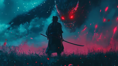 Samurai silhouette confronts massive glowing demon head