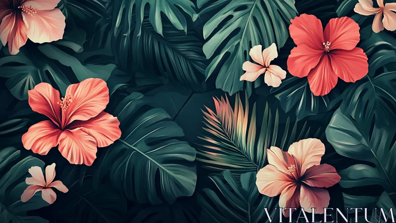 Tropical Hibiscus Blooms Against Deep Foliage.