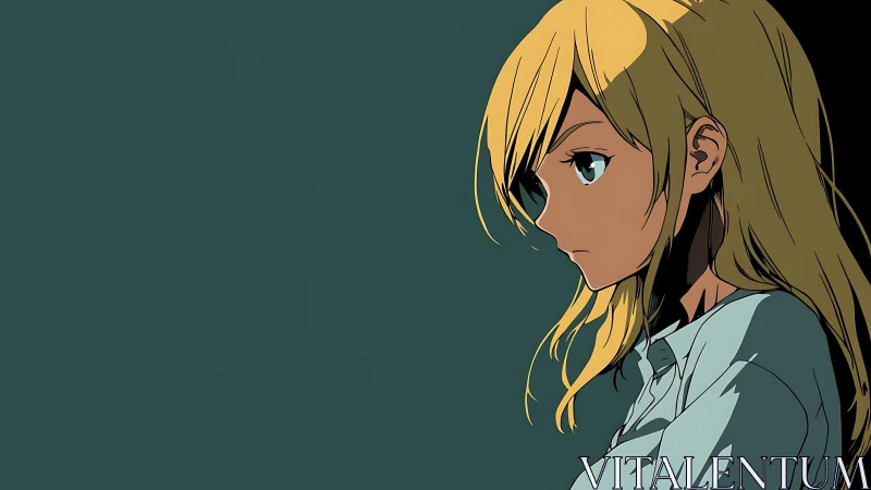 Melancholic blonde girl in profile against muted teal field