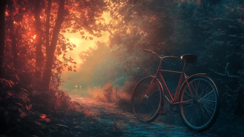 Red Bicycle in Luminous Forest Path with Golden Sunlight Through Dense Canopy