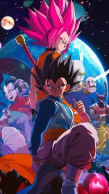 Layered anime battle composition uses saturated lighting and cosmic backdrop