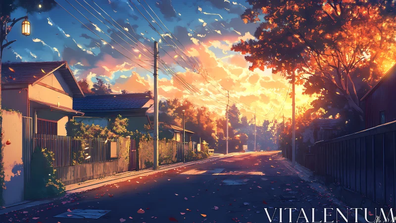 Sunlit residential street shows autumn foliage at sunset