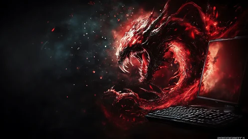 Digital fire dragon erupts from gaming laptop in dark void