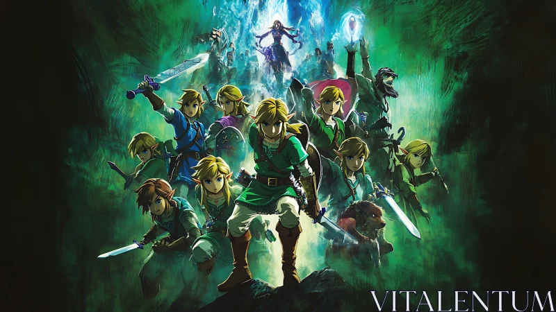 Multiverse convergence of sword-wielding heroes in emerald vortex.