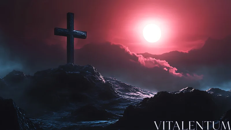 Storm-hewn cross under a crimson resurrection sunscape.