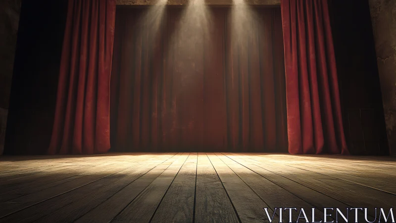 Empty theater stage with closed red curtain under lights.