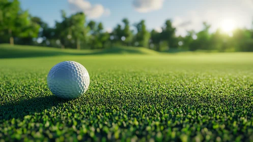 Golf ball rests on sunlit fairway with shallow depth of field