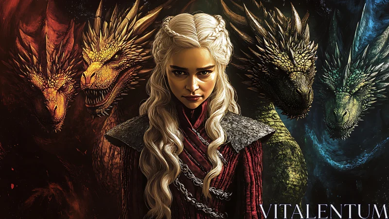 White-haired warrior stands before three large dragons