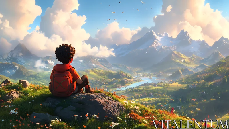 Young traveler resting above a bright, storybook valley.
