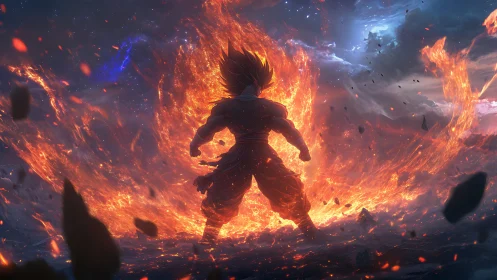 Blazing warrior haloed in cosmic firestorm resolve.