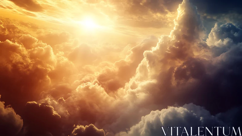 Radiant sunset illuminates towering clouds with golden light