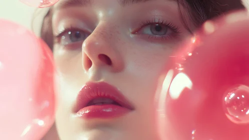 Soft close-up portrait amid pink translucent spheres.