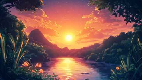 Radiant river sunset over lush mountainside valley.