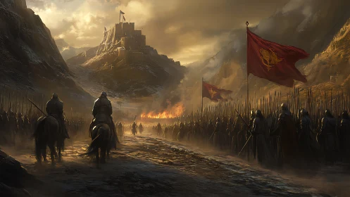 Storm-touched cavalry advances toward the burning mountain keep