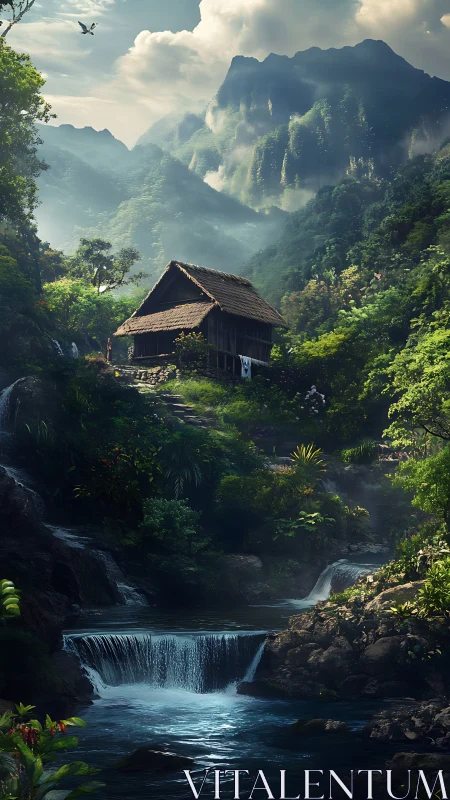 Hidden riverside cabin cradled by misty emerald mountains.