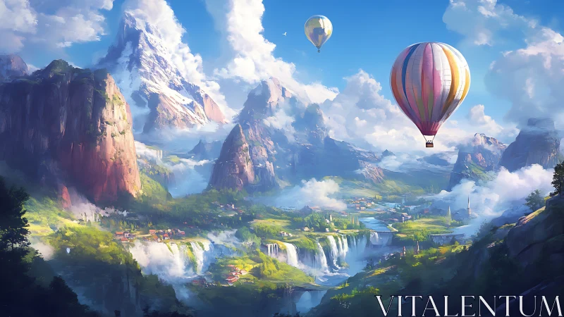 Soaring hot air balloons above luminous fantasy valley.