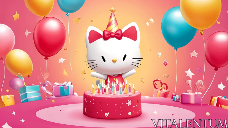 Hello Kitty 3D Character Composition with Procedurally Generated Birthday Celebration Environment